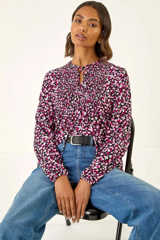 Image of Roman Womens Printed Shirred Tie Neck Top Size: 10 Multicolor Female 10