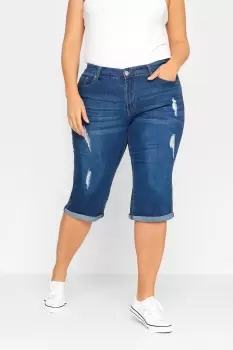 Image of Distressed Denim Capri Shorts