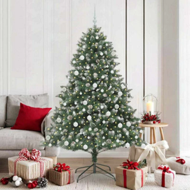 Image of vidaXL Artificial Christmas Tree with Stand, White Balls Green 126 x 126 x 180 cm, Green 3395236