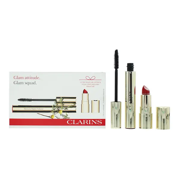 image of Clarins Glam Squad 2 Piece Gift Set: Supra Volume Mascara 8ml - Mini Joli Rouge 742 Lipstick 1.5g