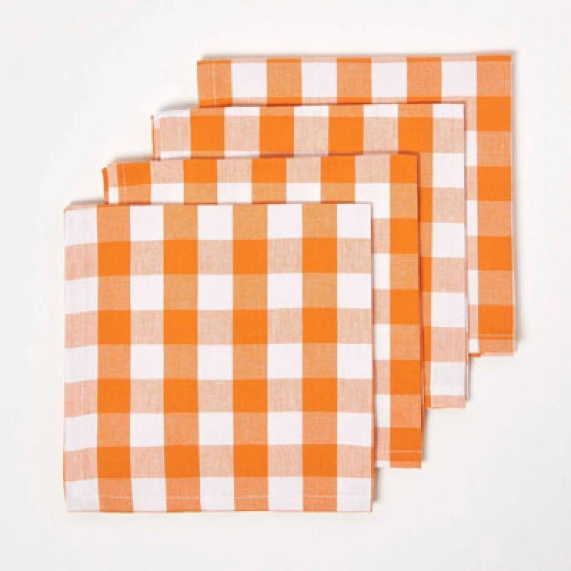 Image of Homescapes Block Check Cotton Gingham Napkins, Set of 4 Orange