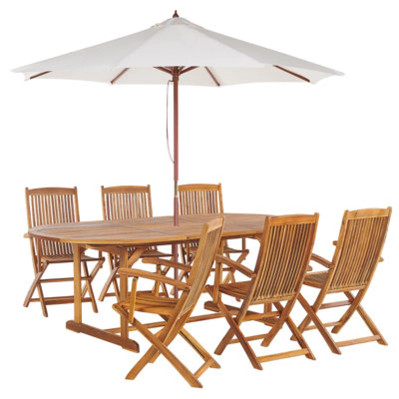 Image of Beliani Garden Dining Set 6 Seater Maui With Parasol (12 Options) Acacia Wood Light Brown