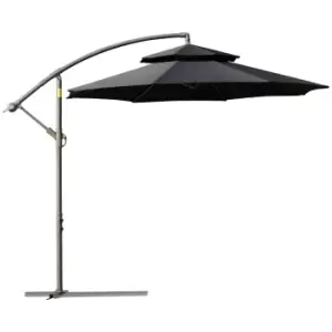 image of Outsunny 2.7m Garden Banana Parasol Cantilever Umbrella with Crank Handle, Double Tier Canopy and Cross Base for Outdoor, Hanging Sun Shade, Black