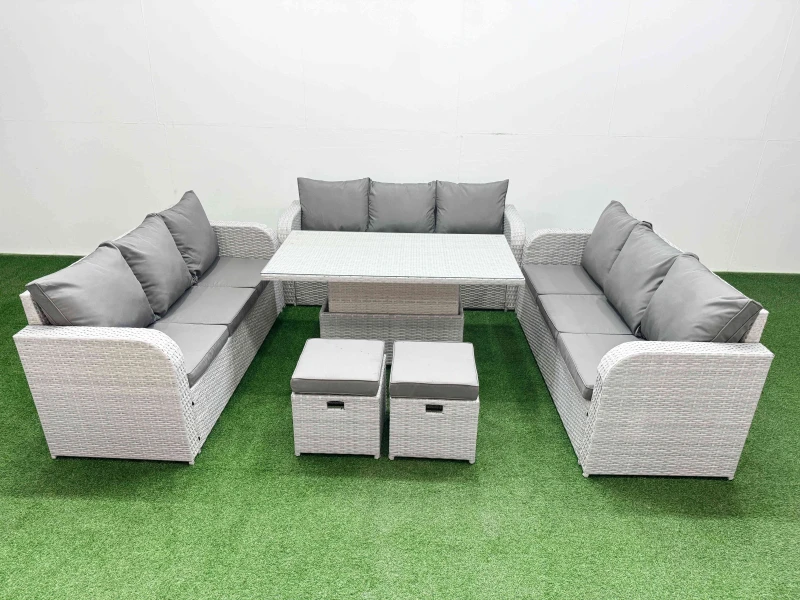 Image of Fimous PE Rattan Lounge Sofa Set 11 Seater Outdoor Garden Furniture Set with Adjustable Lifting Dining or Coffee Table 3 Seater Sofa 2 Stools Light Gr