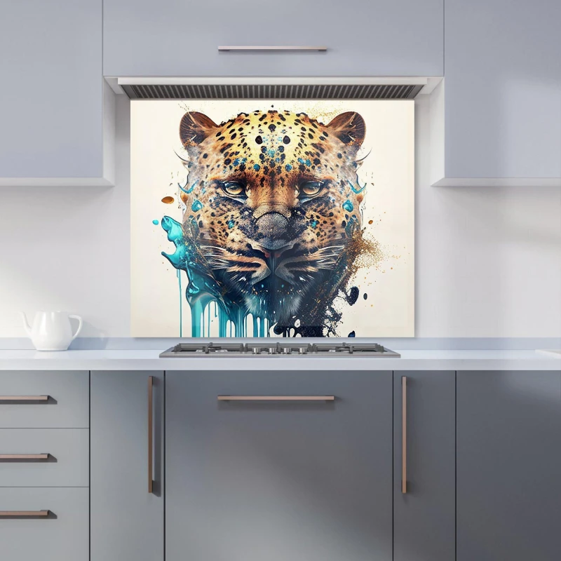 Image of Warren Reed - Designer Leapoard Face Splashart, Light Background Kitchen Splashback in Yellow Size: 600mm x 750mm Yellow Unisex 600mm x 750mm