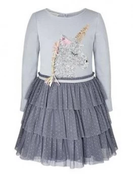 image of Monsoon Girls Disco Sequin Unicorn Stripe Dress - Grey