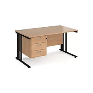 image of Rectangular Straight Desk Beech Wood Cable Managed Legs Black Maestro 25 1400 x 800 x 725mm 3 Drawer Pedestal