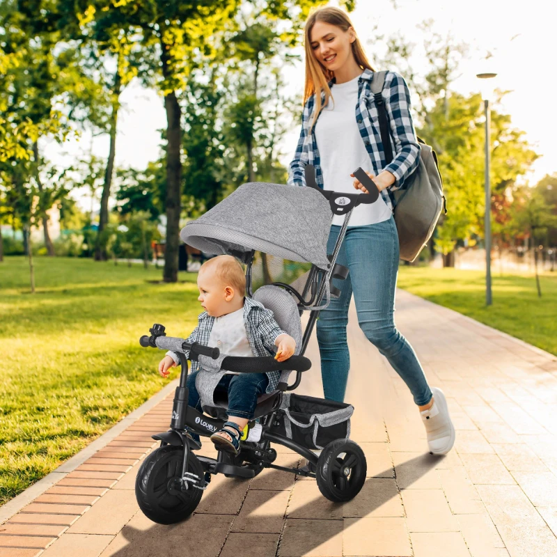 Image of HOMCOM 6 In 1 Kids Trike, Stroller With Parent Handle, Grey 370-026V00GY