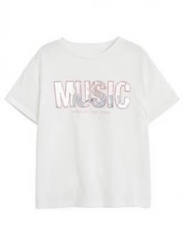 image of Mango Girls Music Sequin Slogan T-Shirt - White