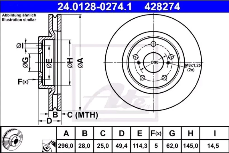 Image of ATE 24.0128-0274.1 Brake disc Vented, Coated, High-carbon Brake Disc (82)