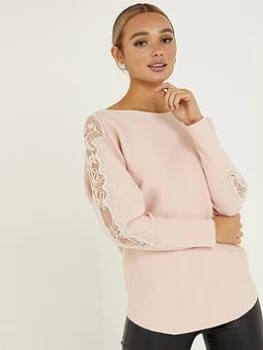 image of Quiz Pink Knitted Lace Diamante Jumper - S