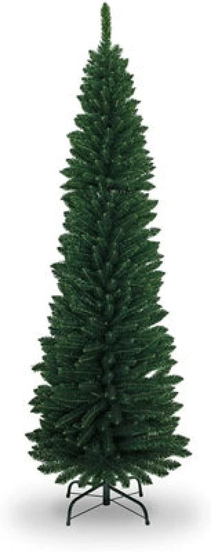 Image of Shatchi 7ft Artificial Flocked Slim Christmas Pencil Green Tree Holiday Home Decorations With Pointed Tips And Metal Stand