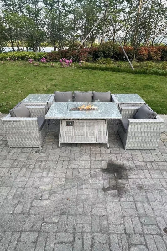 Image of Fimous Light Grey Corner Rattan Garden Furniture Set Gas Fire Pit Heater Burner Lounge Sofa Light Grey