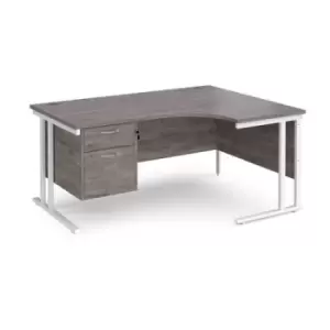 Image of Maestro 25 right hand ergonomic desk 1600mm wide with 2 drawer pedestal - white cantilever leg frame and grey oak top
