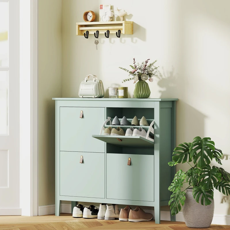 Image of HOMCOM HOMCOM Narrow Shoe Cabinet with 4 Flip Doors, Removable and Adjustable Shelves in Green Size: Large Green Large Unisex 5063603110380