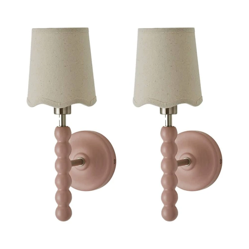 Image of ValueLights Bobbins Pair of Pastel Wall Lights & Natural Linen Trim Lamp Shades in Pale Pink Pale Pink Unisex