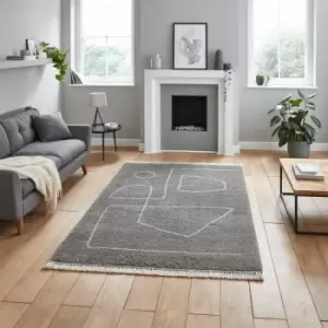 Image of Think Rugs - Boho A474 Shaggy High Density Pile Tasselled Rug, Grey/Cream, 160 x 220 Cm