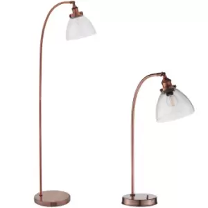 image of Standing Floor & Table Lamp Set Aged Copper Glass Shade Retro Industrial Light