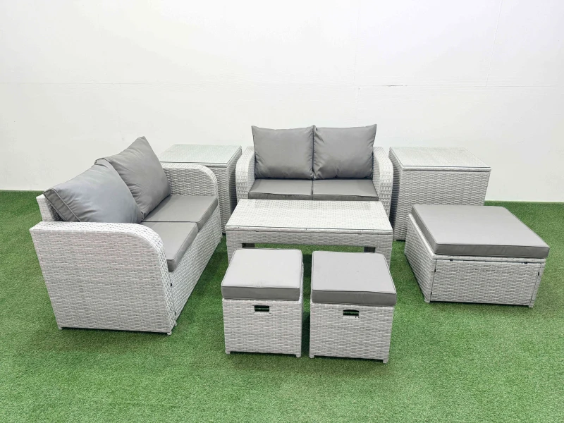 Image of Fimous 7 Seater Outdoor Love Sofa Set Rattan Garden Furniture Set with Oblong Coffee Table 3 Footstool 2 Side Tables Light Grey Light Grey