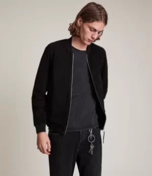 Image of AllSaints Mens Ronan Suede Bomber Jacket, Black, Size: XS