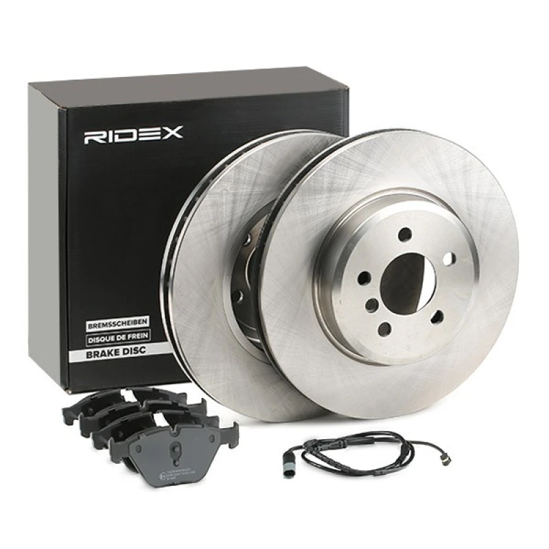 Image of RIDEX 3405B1657 Brake disc and pads set Front Axle, Brake Disc Type: Vented, prepared for wear warning indicator, with piston clip Brake Set,disc bra