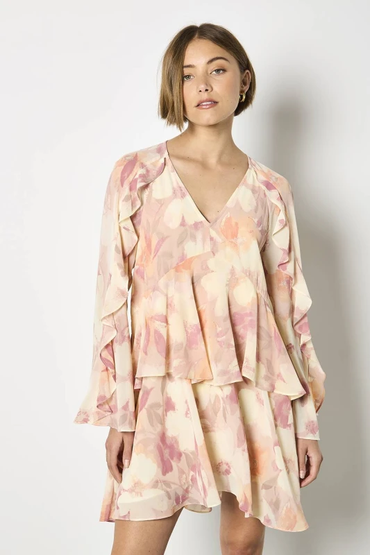 Image of Apricot Womens Floral Chiffon Ruffle Mini Dress in Pink Size: 10 Pink Female 10