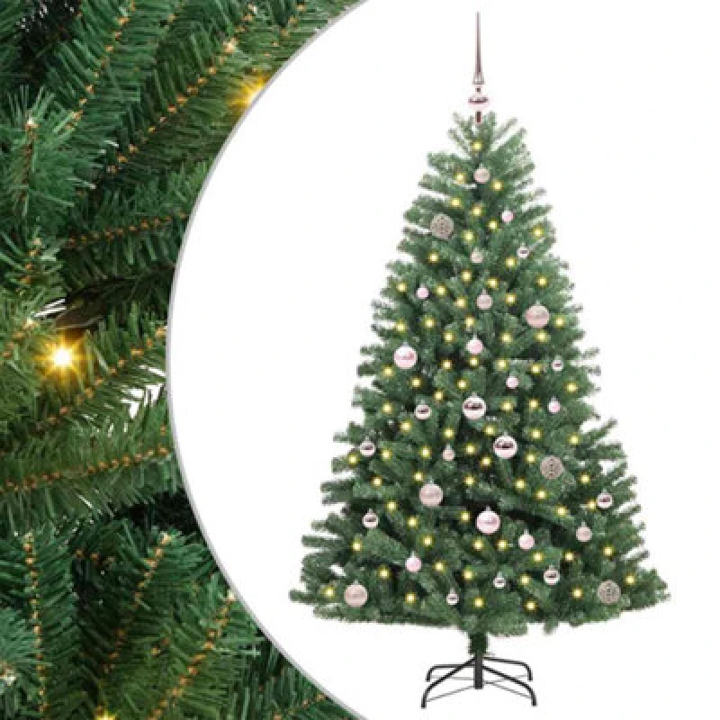 Image of vidaXL Artificial Hinged Christmas Tree with Pink Balls Green 150cm PVC and Metal, Green 3395480