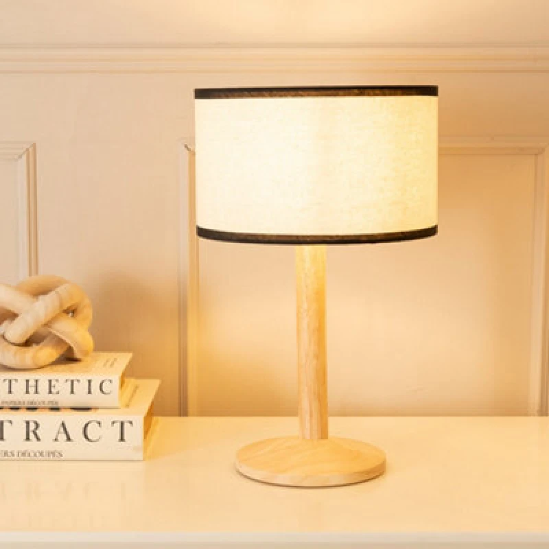 Image of ValueLights Triston Natural Light Wood Stem Table Lamp with Linen Trim Drum Lamp Shade Black