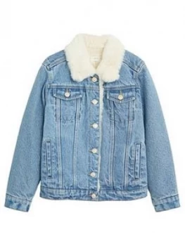 Mango Girls Borg Collar Denim Jacket - Light Wash