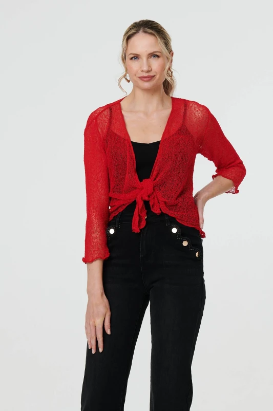 Image of Izabel London Womens Sheer 3/4 Sleeve Open Front Cardigan in Red Red Female One Size