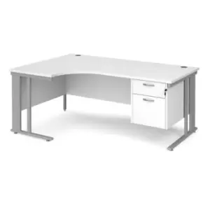 Image of Office Desk Left Hand Corner Desk 1800mm With Pedestal White Top With Silver Frame 1200mm Depth Maestro 25 MCM18ELP2SWH