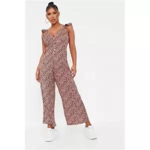 I Saw It First Peach Floral Woven Button Frill Strap Culotte Jumpsuit - Orange