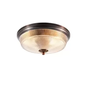 image of Watson 2 Light E27 Flush Ceiling Lamp, IP44, Bronze, Prismatic Glass