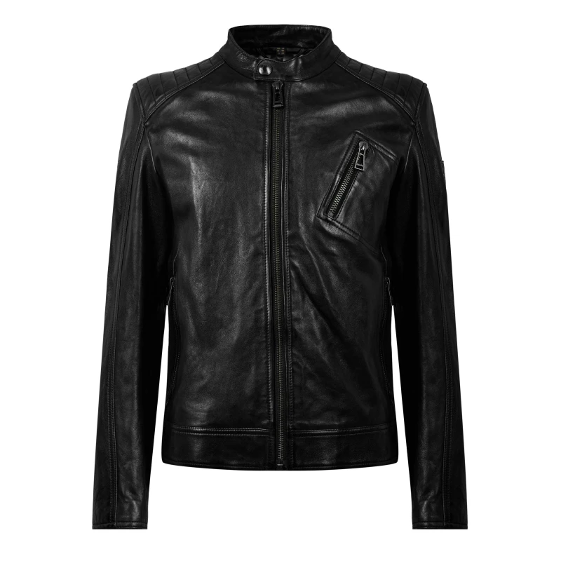 Image of Belstaff Mens V Racer Water-Repellent Leather Long Sleeve Slim Fit Leather Jacket Black male 2XL (54)