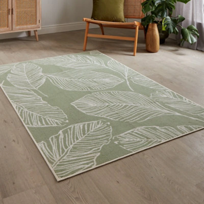 Image of Fusion 'Matteo' Leaf Print 120x180cm Non-Slip Reverse Washable Rug Green
