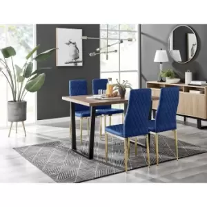 Image of Furniturebox UK - Furniturebox Kylo Brown Wood Effect Dining Table & 4 Navy Milan Velvet Dining Chairs With Gold Legs Diamond Stitch Modern