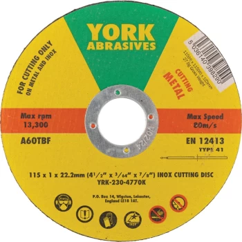 Image of 115 X 1 X 22MM A60 T-BF Inox Thin Reinforced Flat Cutting Discs - Type 41