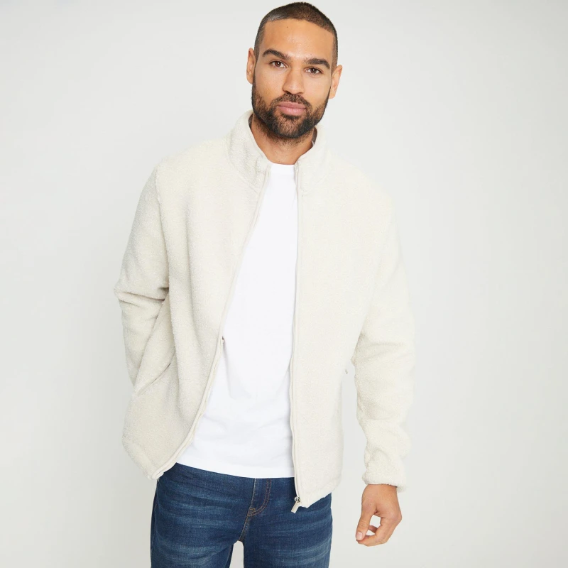 Image of Threadbare Zip Through Funnel Neck Borg Fleece Natural male XXL