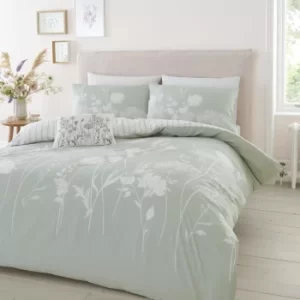 image of Catherine Lansfield Meadowsweet Floral Green Reversible Duvet Cover and Pillowcase Set Green/White