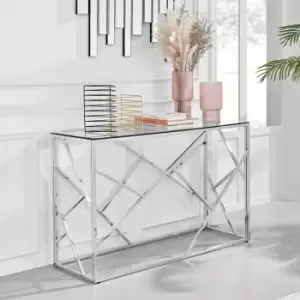 image of Amalfi Console Table - Rectangular Clear Glass & Chromed Metal Table - Abstract Pattern - Sleek, Chic, Bright & Airy