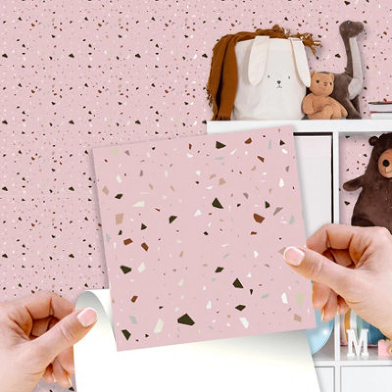 Image of Walplus Rose Pink Metallic Silver Terrazzo Wall Tile Sticker Set - 15Cm (6Inch) - 24Pcs One Pack One Colour WSHZC Unisex