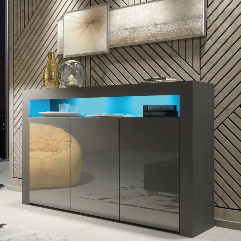 Image of Mex Furniture LTD Sideboard with LED Lighting & Gloss Doors / 155cm in Dark Grey Dark Grey Unisex