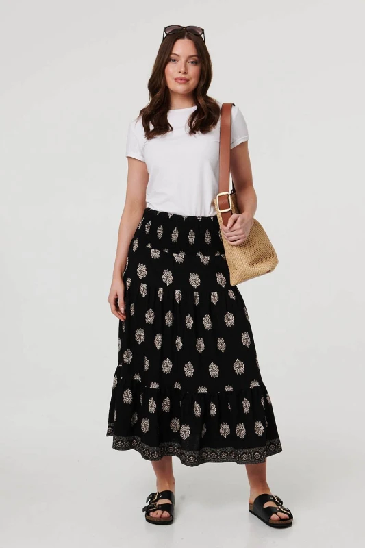 Image of Izabel London Womens Printed Shirred High Waist Midi Skirt in Black Size: 10 Black Female 10
