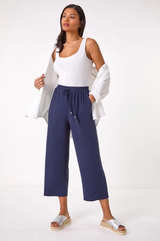 Image of Roman Womens Cropped Linen Trouser in Navy Size: 10 Navy Female 10