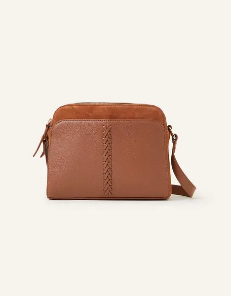 image of Accessorize Leather Double Zip Cross-Body Bag Tan