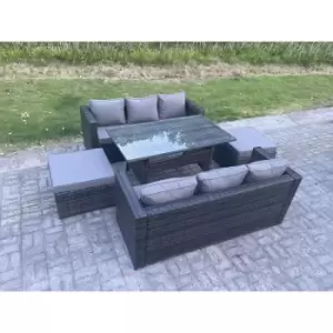 Image of Fimous 6 Seater Outdoor Dark Grey Rattan Lounge Complete Sofa Set with Rectangular Dining Table and 2 Big Footstools