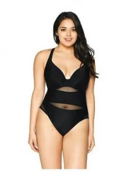 Image of Curvy Kate Sheer Class Plunge Swimsuit, Black, Size 32D, Women