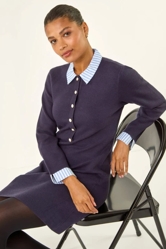 Image of Roman Womens Stripe Collar Buttoned Knit Dress in Navy Size: 14 Navy Female 14
