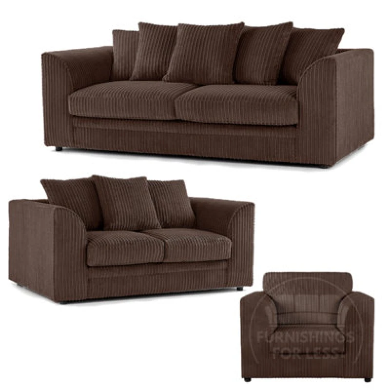 Image of Furnishings For Less UK Luxor Jumbo Cord 3 + 2 + 1 Fabric 3 Piece Sofa Suite - Scatter Back Chocolate