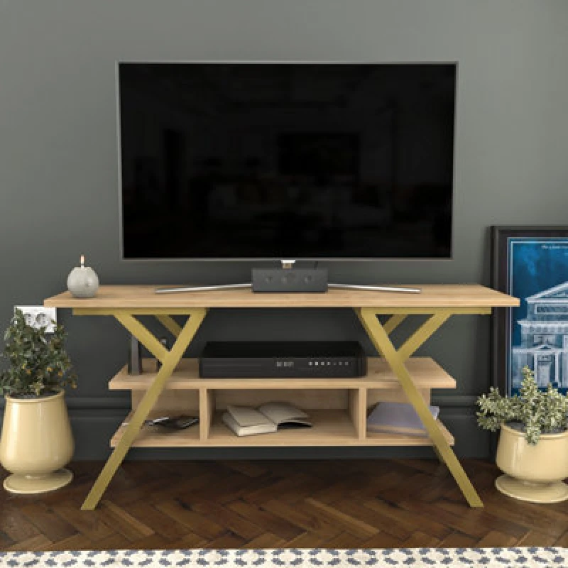 Image of Decorotika Minerva TV Stand TV Unit For Tv's Up To 55" Gold And Oak